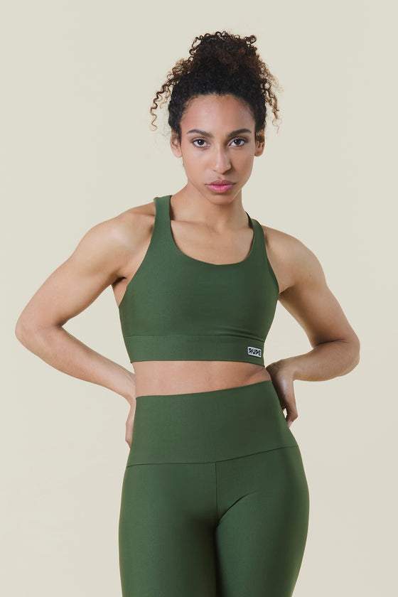 Brassière femme vert militaire en maille chaîne - Motif bambou