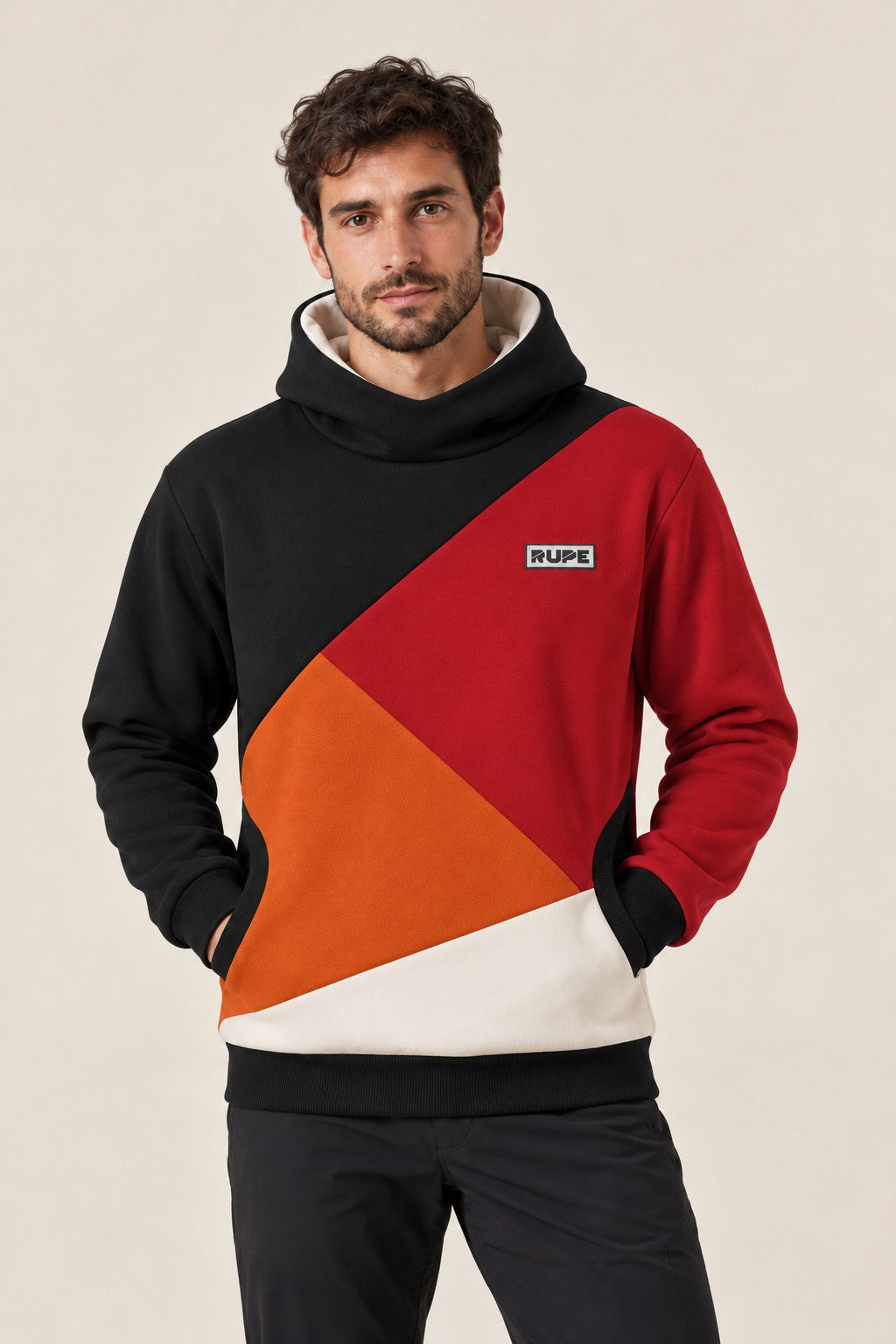 Felpa con cappuccio BLOCK Diablo a 4 colori indossata da uomo - fronte - Rupe Clothing